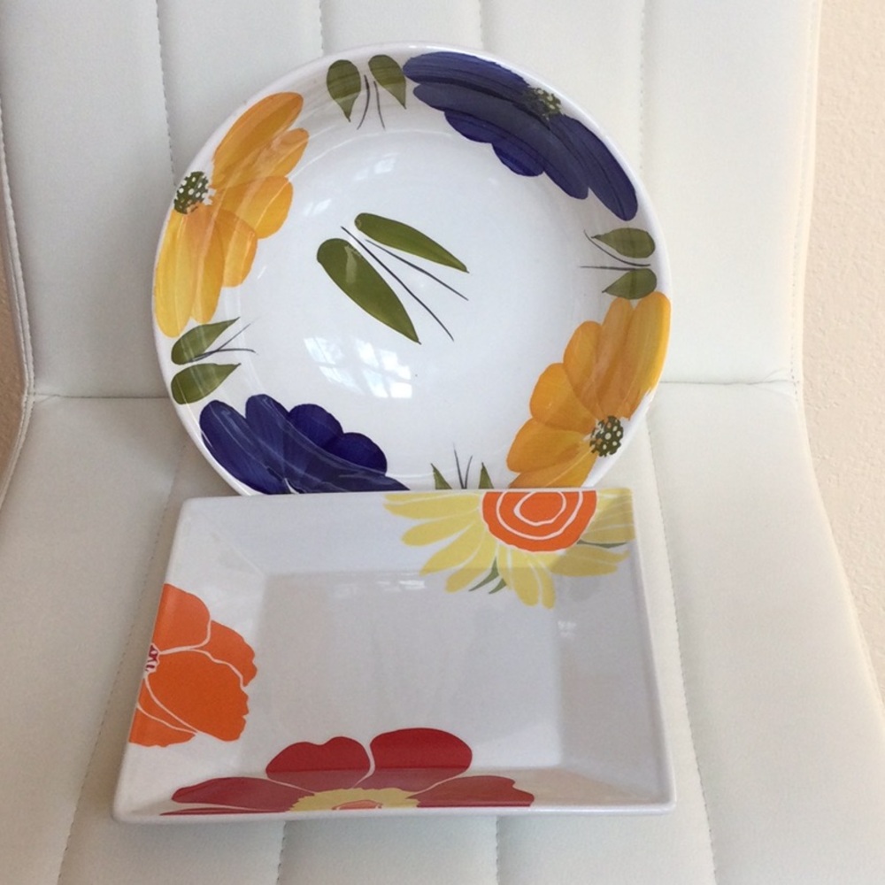 EUC Floral Ceramic Bowl with Yellow and Blue Flowers with Cellar Floral Plate